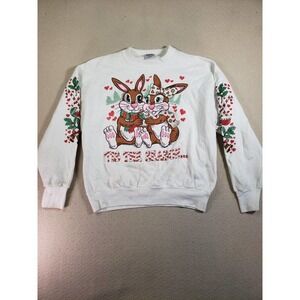 VTG Volunteer Sweatshirt Womens Large White Graphic‎ Snuggle Up With Some Bunny
